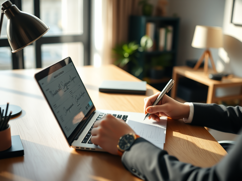 Person signing a document beside a laptop for remote online notarization