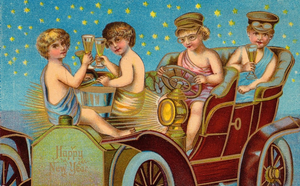 Vintage Happy New Year postcard of children toasting in an antique car